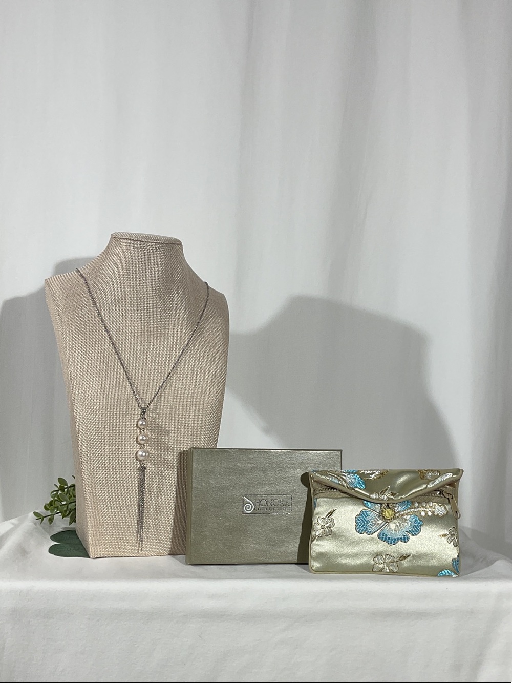 Honora Satin Turquoise + Gold Floral Clutch + Cultured Freshwater Necklace.